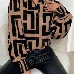 Geometric Patterned Black and Tan Women's Top